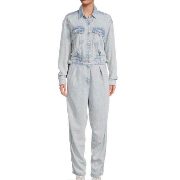 7 FOR ALL MANKIND DENIM LUSTRE BALLOON SLEEVE JUMPSUIT.  Size Small. NWOT - Picture 1 of 11